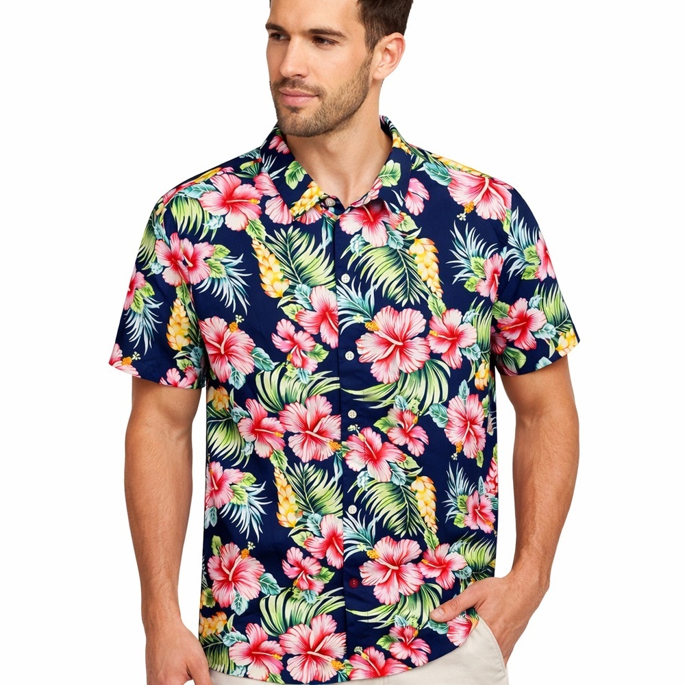 SSLR Hawaiian Floral Button-Up Shirt – Tropical Hibiscus Print Short Sleeve Top
